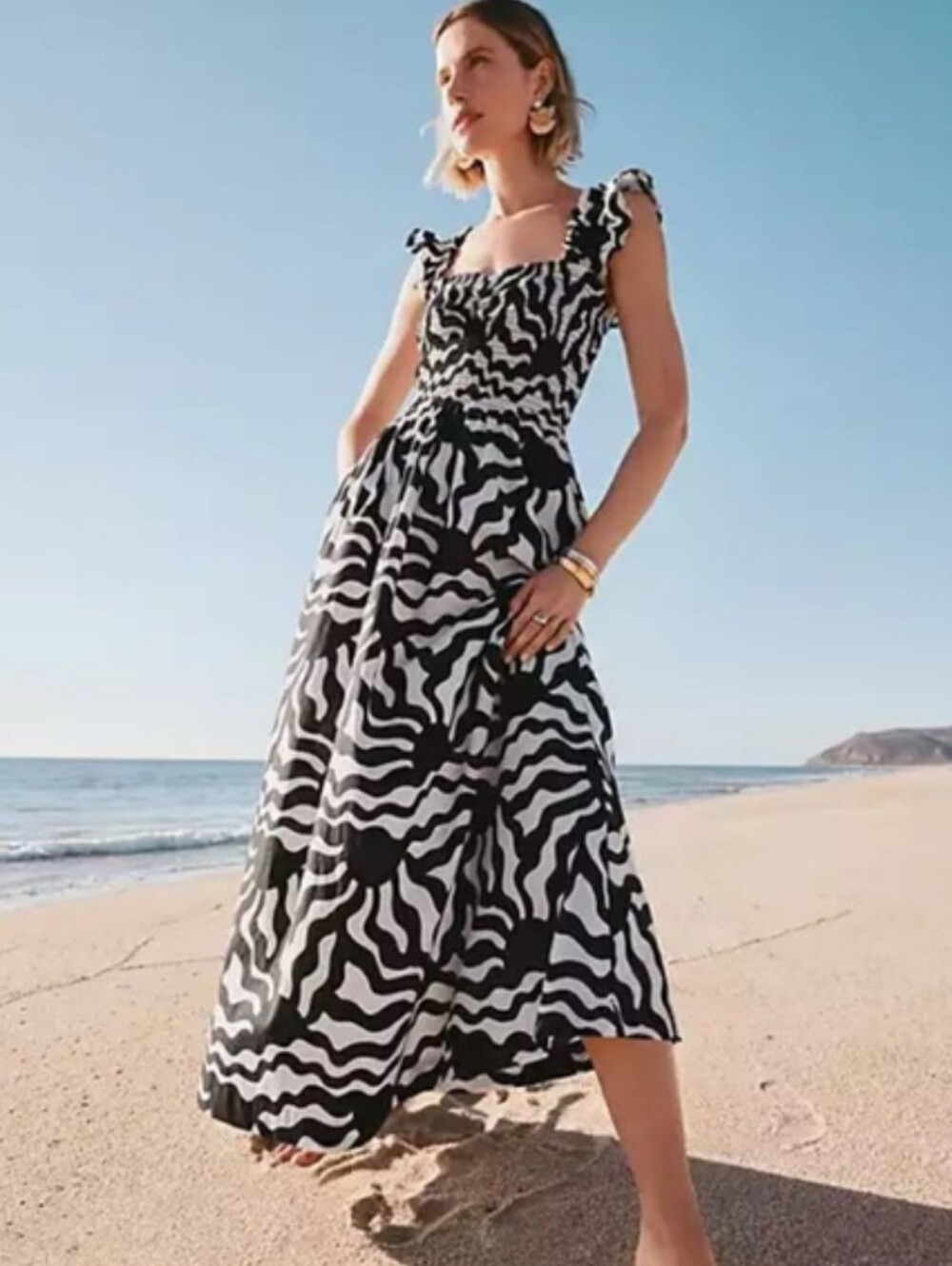 LOFT BEACH Smocked Poplin Ruffle Strap Sun Geo Print Nap  Dress Black Cream XS